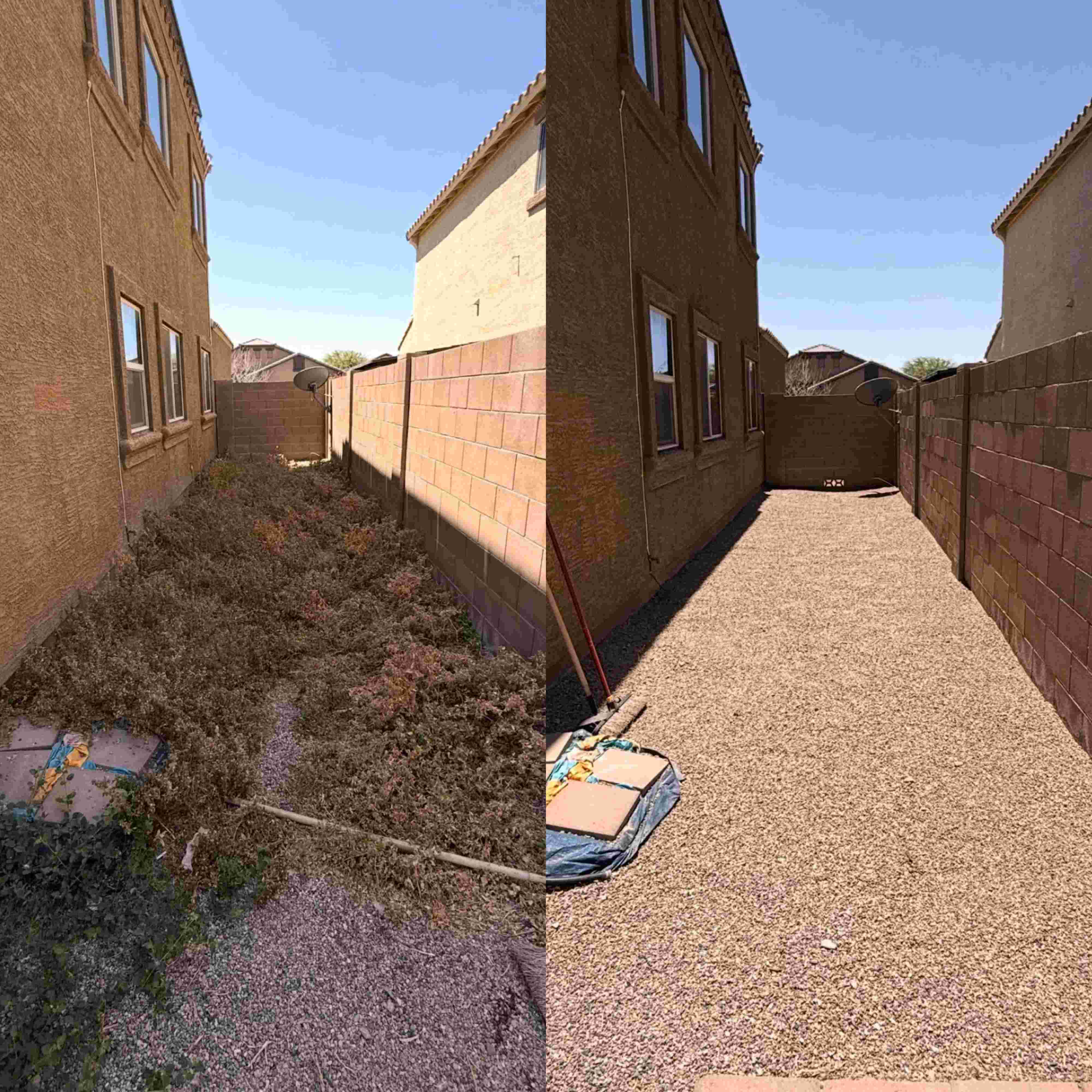 Side yard weed removal clearing and decorative desert rock gravel installation service in Avondale Arizona